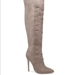 Beige Nude corset knee high boots